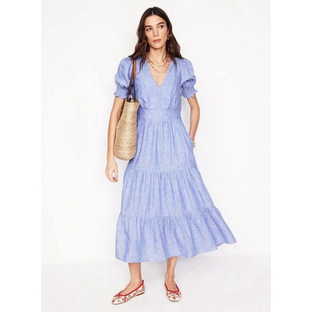 NWOT Boden Anna Linen Tiered Midi Dress Size 16/18R Blue